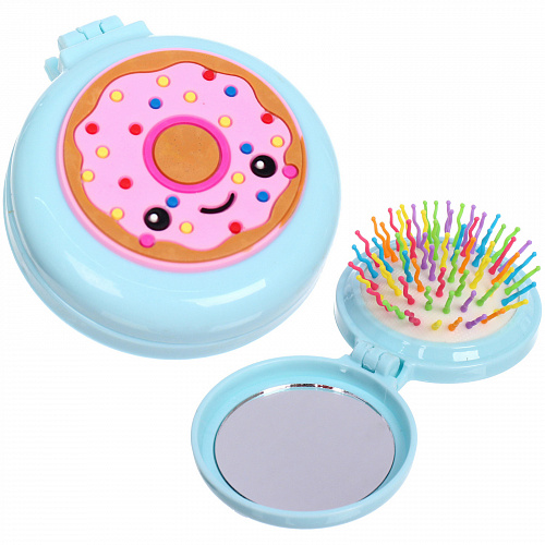 Расческа массажная детская складная "Barbariska", с зеркалом, пончик, разноцветные зубчики, цвет голубой, d-7см
