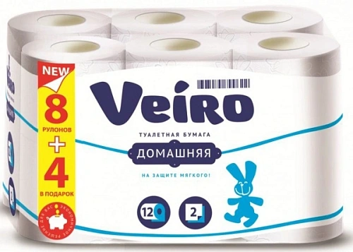 Бумага туалетная LINIA VEIRO Домашняя 2 сл., 8 рул. + 4 рул. 15м, белая 