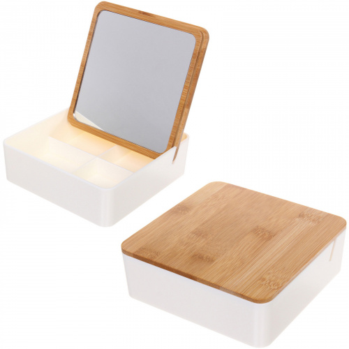 Зеркало настольное - органайзер с бамбуковой крышкой "БРАМИНГЕМ", цвет белый, 15*15,5см (коробка)