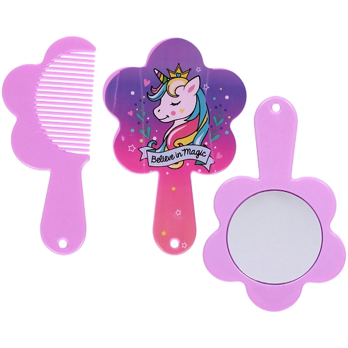 Расческа с зеркалом в наборе детские "МИМИШКИ", единорог, цвет розово-фиолетовый, 11см 