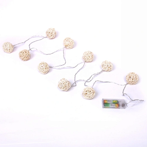 Гирлянда для дома  2м 10 ламп LED с насадками ШАР ПЛЕТЕНЫЙ БЕЛЫЙ d-5 см, прозрачпровод, Теплый белый на батарейках 2АА_5