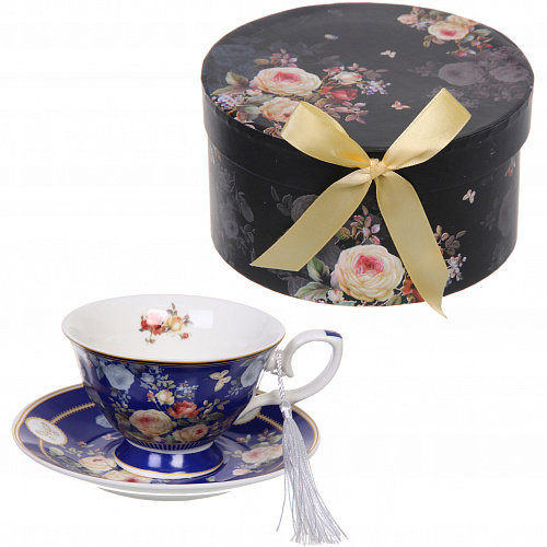 Чайная пара керамическая "Грация" (кружка 220мл+блюдце) в подарочной коробке, синяя
