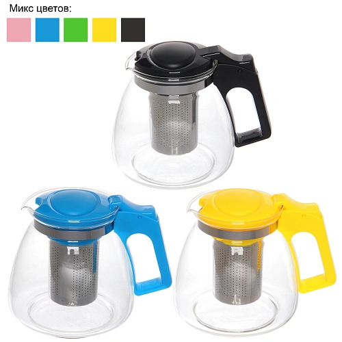 Чайник заварочный стеклянный 1100мл "Ассорти", микс цветов