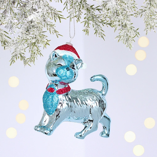 Ёлочная игрушка "Кошка в колпачке" 9*3,5*10 см, Голубой