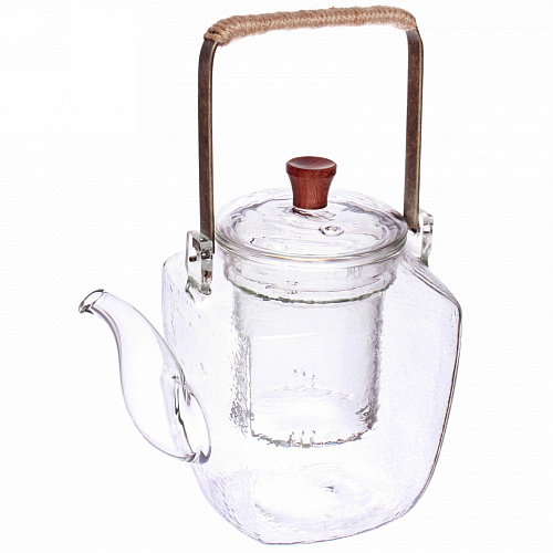 Чайник заварочный стеклянный 1000мл "ICE" со стеклянным ситом, плетеная ручка, кубышка
